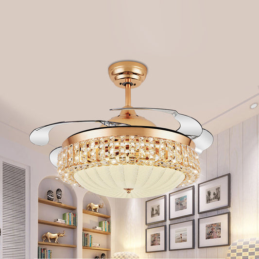 Modern Stylish Dimple Ceiling Fan Light Strip Crystal LED Living Room Hanging Lamp in Gold with Frequency Converter/Remote Control/Wall Control Gold Clearhalo 'Ceiling Fans with Lights' 'Ceiling Fans' 'Modern Ceiling Fans' 'Modern' Lighting' 279313