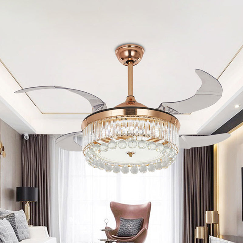 4-Blade Living Room LED Ceiling Lamp Modernist Gold Semi Flush Light with Round Crystal Rod Shade, Frequency Conversion/Wall Control/Remote Control Clearhalo 'Ceiling Fans with Lights' 'Ceiling Fans' 'Modern Ceiling Fans' 'Modern' Lighting' 279327