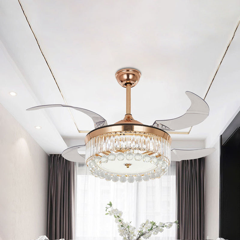4-Blade Living Room LED Ceiling Lamp Modernist Gold Semi Flush Light with Round Crystal Rod Shade, Frequency Conversion/Wall Control/Remote Control Clearhalo 'Ceiling Fans with Lights' 'Ceiling Fans' 'Modern Ceiling Fans' 'Modern' Lighting' 279328