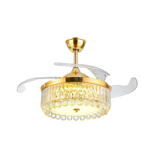 4-Blade Living Room LED Ceiling Lamp Modernist Gold Semi Flush Light with Round Crystal Rod Shade, Frequency Conversion/Wall Control/Remote Control Clearhalo 'Ceiling Fans with Lights' 'Ceiling Fans' 'Modern Ceiling Fans' 'Modern' Lighting' 279330