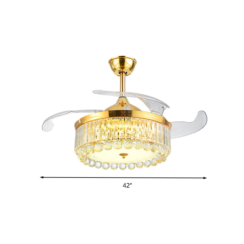 4-Blade Living Room LED Ceiling Lamp Modernist Gold Semi Flush Light with Round Crystal Rod Shade, Frequency Conversion/Wall Control/Remote Control Clearhalo 'Ceiling Fans with Lights' 'Ceiling Fans' 'Modern Ceiling Fans' 'Modern' Lighting' 279331