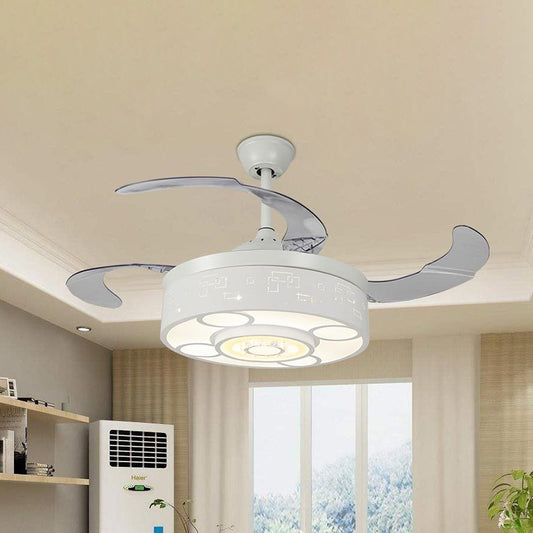 White Drum Semi Mount Fan Light Simple Remote Control/Wall Control/Frequency Convertible LED Crystal Ceiling Lamp Kit Clearhalo 'Ceiling Fans with Lights' 'Ceiling Fans' 'Modern Ceiling Fans' 'Modern' Lighting' 279342