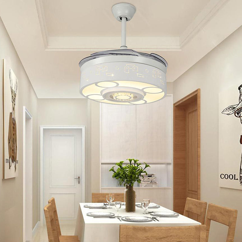 White Drum Semi Mount Fan Light Simple Remote Control/Wall Control/Frequency Convertible LED Crystal Ceiling Lamp Kit Clearhalo 'Ceiling Fans with Lights' 'Ceiling Fans' 'Modern Ceiling Fans' 'Modern' Lighting' 279343