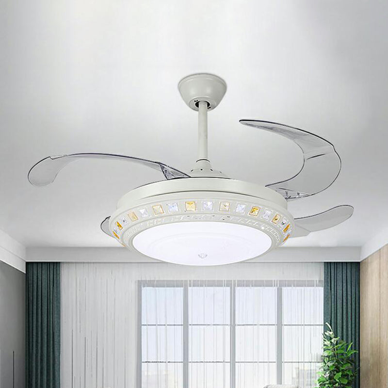 Inserted Crystal Round Fan Lighting Modern Style LED Matte White Semi Flush Light with Wall Control/Remote Control/Frequency Conversion White Clearhalo 'Ceiling Fans with Lights' 'Ceiling Fans' 'Modern Ceiling Fans' 'Modern' Lighting' 279347