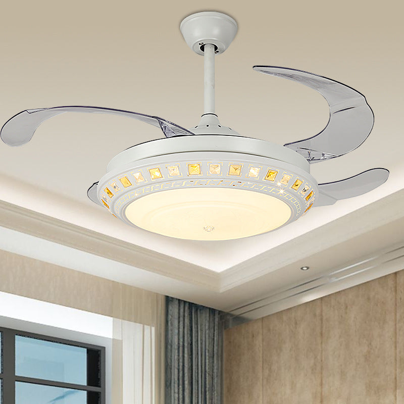 Inserted Crystal Round Fan Lighting Modern Style LED Matte White Semi Flush Light with Wall Control/Remote Control/Frequency Conversion Clearhalo 'Ceiling Fans with Lights' 'Ceiling Fans' 'Modern Ceiling Fans' 'Modern' Lighting' 279348