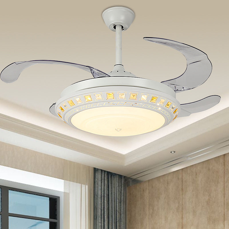 Inserted Crystal Round Fan Lighting Modern Style LED Matte White Semi Flush Light with Wall Control/Remote Control/Frequency Conversion Clearhalo 'Ceiling Fans with Lights' 'Ceiling Fans' 'Modern Ceiling Fans' 'Modern' Lighting' 279348