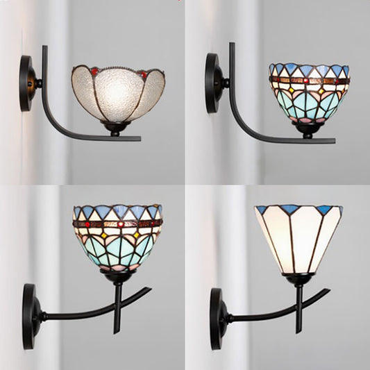 Arc/Curved Arm Sconce Light with Stained Glass Shade 1 Light Tiffany Wall Mount Light in White/Blue/Clear for Bedroom Clearhalo 'Industrial' 'Middle century wall lights' 'Tiffany wall lights' 'Tiffany' 'Wall Lamps & Sconces' 'Wall Lights' Lighting' 27934
