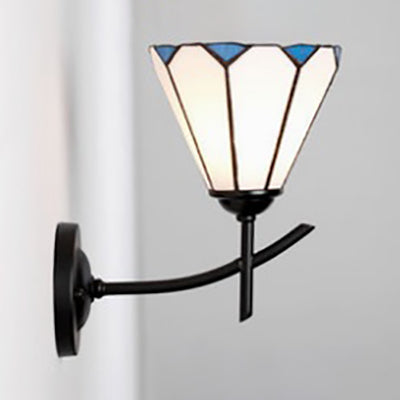 Arc/Curved Arm Sconce Light with Stained Glass Shade 1 Light Tiffany Wall Mount Light in White/Blue/Clear for Bedroom White Arc Clearhalo 'Industrial' 'Middle century wall lights' 'Tiffany wall lights' 'Tiffany' 'Wall Lamps & Sconces' 'Wall Lights' Lighting' 27935
