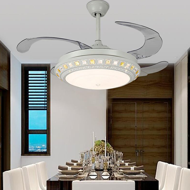 Inserted Crystal Round Fan Lighting Modern Style LED Matte White Semi Flush Light with Wall Control/Remote Control/Frequency Conversion Clearhalo 'Ceiling Fans with Lights' 'Ceiling Fans' 'Modern Ceiling Fans' 'Modern' Lighting' 279350