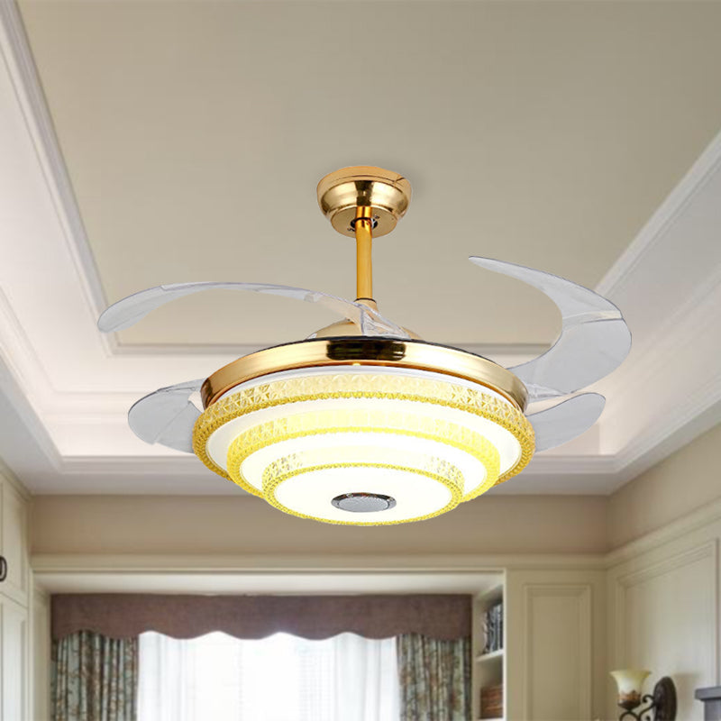 Tapered Crystal Encrusted Fan Light Modern LED Gold Semi Mount Lamp with Bluetooth Speaker and Remote Control/Wall Control/Frequency Conversion Gold Clearhalo 'Ceiling Fans with Lights' 'Ceiling Fans' 'Modern Ceiling Fans' 'Modern' Lighting' 279354