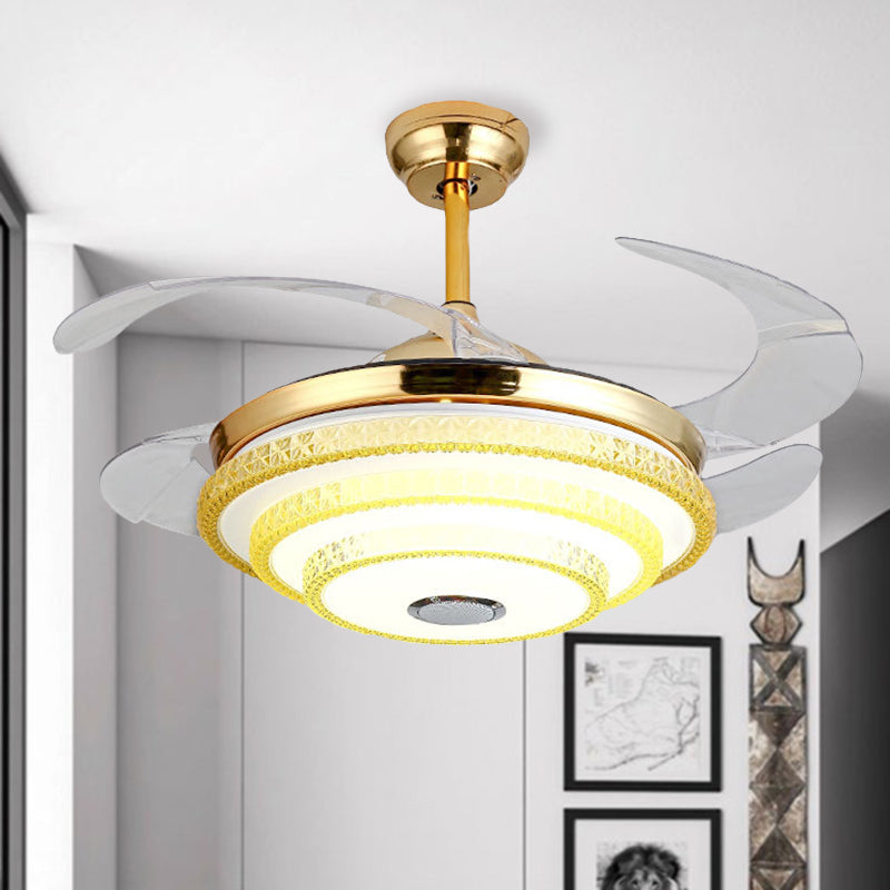 Tapered Crystal Encrusted Fan Light Modern LED Gold Semi Mount Lamp with Bluetooth Speaker and Remote Control/Wall Control/Frequency Conversion Clearhalo 'Ceiling Fans with Lights' 'Ceiling Fans' 'Modern Ceiling Fans' 'Modern' Lighting' 279355