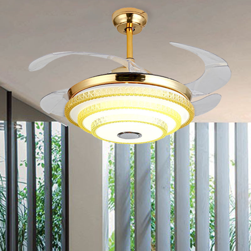 Tapered Crystal Encrusted Fan Light Modern LED Gold Semi Mount Lamp with Bluetooth Speaker and Remote Control/Wall Control/Frequency Conversion Clearhalo 'Ceiling Fans with Lights' 'Ceiling Fans' 'Modern Ceiling Fans' 'Modern' Lighting' 279356