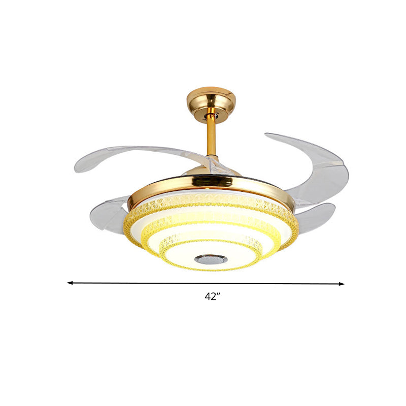 Tapered Crystal Encrusted Fan Light Modern LED Gold Semi Mount Lamp with Bluetooth Speaker and Remote Control/Wall Control/Frequency Conversion Clearhalo 'Ceiling Fans with Lights' 'Ceiling Fans' 'Modern Ceiling Fans' 'Modern' Lighting' 279359