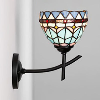 Arc/Curved Arm Sconce Light with Stained Glass Shade 1 Light Tiffany Wall Mount Light in White/Blue/Clear for Bedroom Blue Arc Clearhalo 'Industrial' 'Middle century wall lights' 'Tiffany wall lights' 'Tiffany' 'Wall Lamps & Sconces' 'Wall Lights' Lighting' 27936