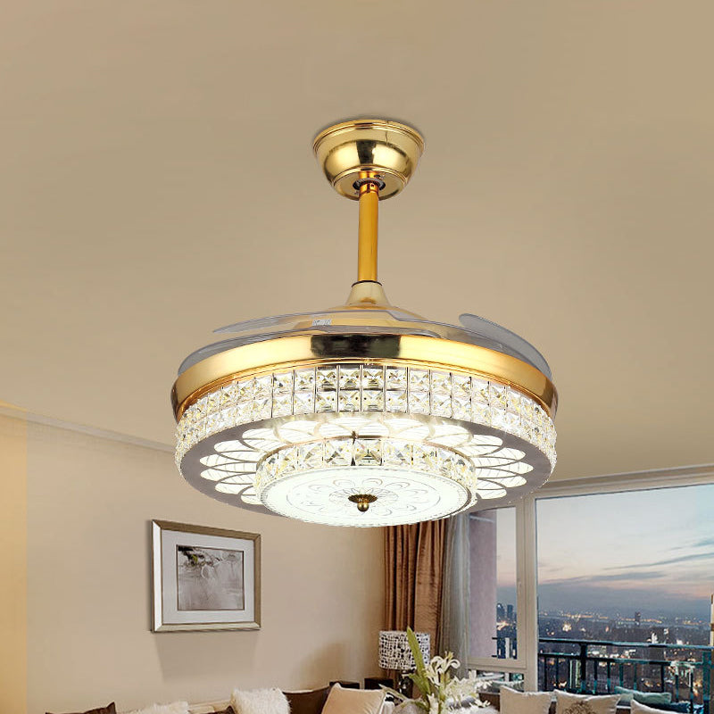 Silver/Gold 2-Tier LED Downrod Ceiling Fan Modernist 4-Blade Faceted Crystal Hanging Lamp with Wall Control/Remote Control/Frequency Conversion Gold Clearhalo 'Ceiling Fans with Lights' 'Ceiling Fans' 'Modern Ceiling Fans' 'Modern' Lighting' 279361