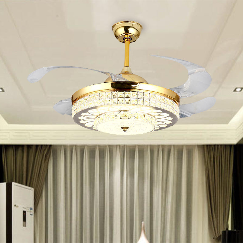 Silver/Gold 2-Tier LED Downrod Ceiling Fan Modernist 4-Blade Faceted Crystal Hanging Lamp with Wall Control/Remote Control/Frequency Conversion Clearhalo 'Ceiling Fans with Lights' 'Ceiling Fans' 'Modern Ceiling Fans' 'Modern' Lighting' 279363