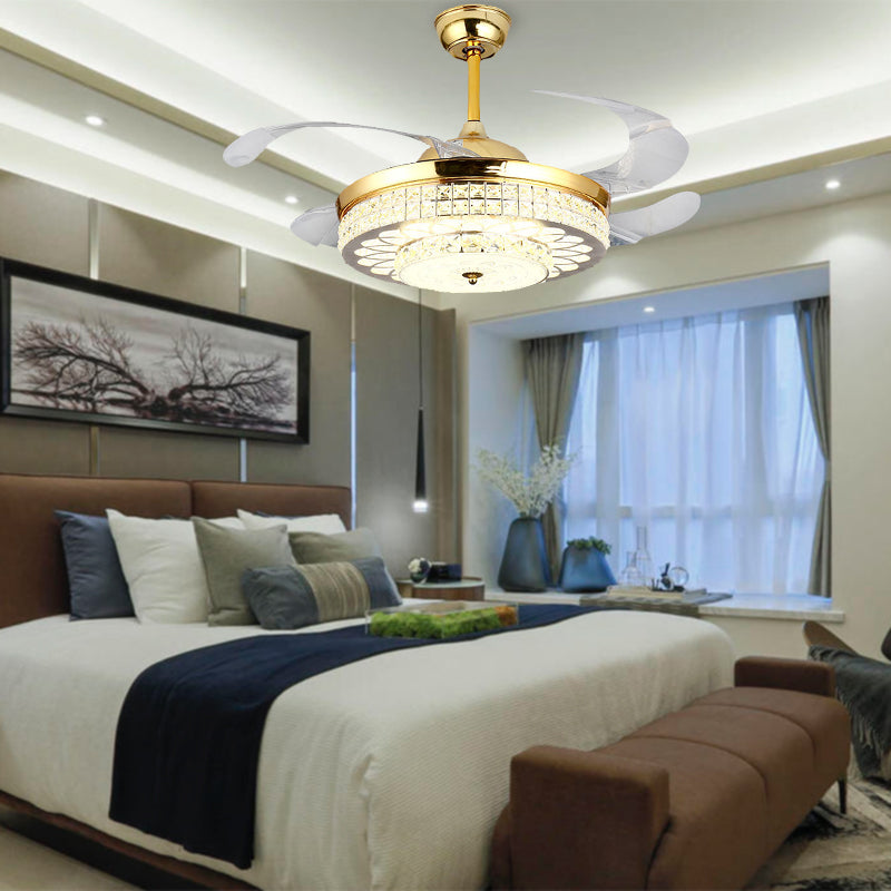 Silver/Gold 2-Tier LED Downrod Ceiling Fan Modernist 4-Blade Faceted Crystal Hanging Lamp with Wall Control/Remote Control/Frequency Conversion Clearhalo 'Ceiling Fans with Lights' 'Ceiling Fans' 'Modern Ceiling Fans' 'Modern' Lighting' 279364