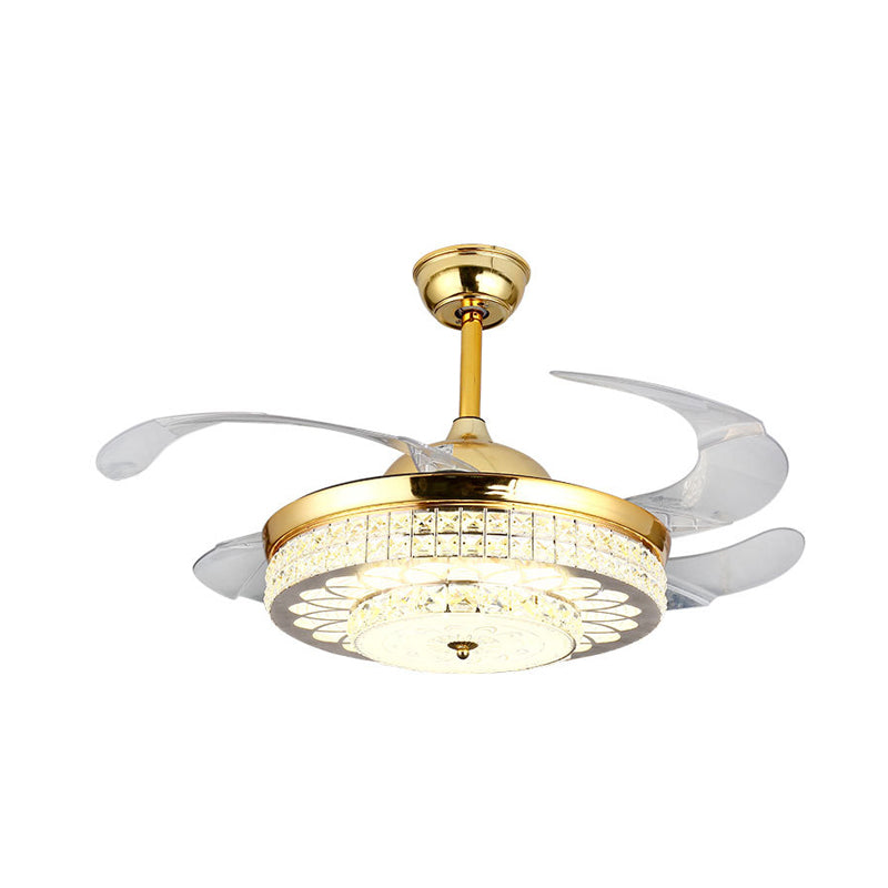 Silver/Gold 2-Tier LED Downrod Ceiling Fan Modernist 4-Blade Faceted Crystal Hanging Lamp with Wall Control/Remote Control/Frequency Conversion Clearhalo 'Ceiling Fans with Lights' 'Ceiling Fans' 'Modern Ceiling Fans' 'Modern' Lighting' 279365