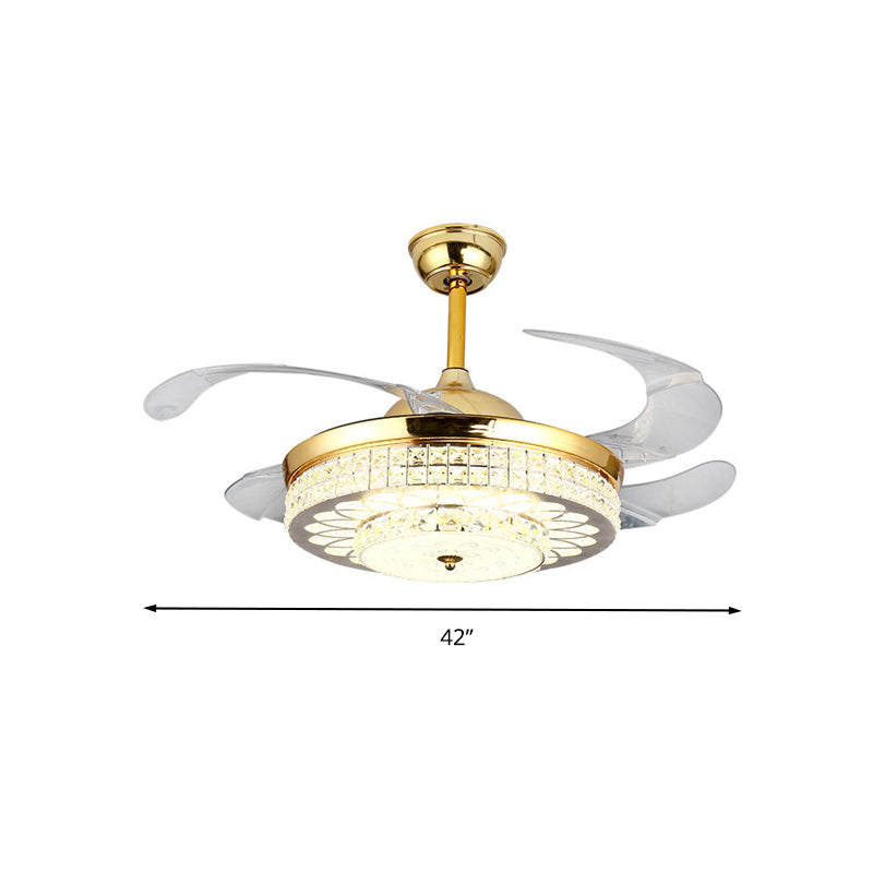 Silver/Gold 2-Tier LED Downrod Ceiling Fan Modernist 4-Blade Faceted Crystal Hanging Lamp with Wall Control/Remote Control/Frequency Conversion Clearhalo 'Ceiling Fans with Lights' 'Ceiling Fans' 'Modern Ceiling Fans' 'Modern' Lighting' 279366