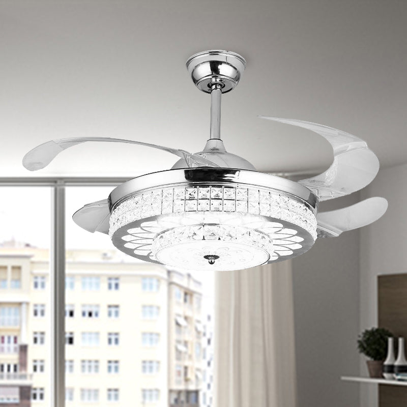 Silver/Gold 2-Tier LED Downrod Ceiling Fan Modernist 4-Blade Faceted Crystal Hanging Lamp with Wall Control/Remote Control/Frequency Conversion Silver Clearhalo 'Ceiling Fans with Lights' 'Ceiling Fans' 'Modern Ceiling Fans' 'Modern' Lighting' 279368