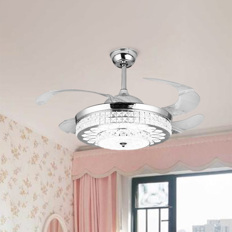 Silver/Gold 2-Tier LED Downrod Ceiling Fan Modernist 4-Blade Faceted Crystal Hanging Lamp with Wall Control/Remote Control/Frequency Conversion Clearhalo 'Ceiling Fans with Lights' 'Ceiling Fans' 'Modern Ceiling Fans' 'Modern' Lighting' 279369