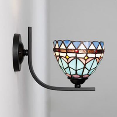 Arc/Curved Arm Sconce Light with Stained Glass Shade 1 Light Tiffany Wall Mount Light in White/Blue/Clear for Bedroom Blue Curved Clearhalo 'Industrial' 'Middle century wall lights' 'Tiffany wall lights' 'Tiffany' 'Wall Lamps & Sconces' 'Wall Lights' Lighting' 27937