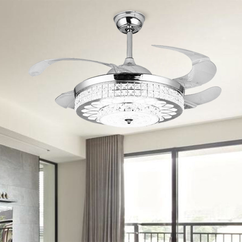 Silver/Gold 2-Tier LED Downrod Ceiling Fan Modernist 4-Blade Faceted Crystal Hanging Lamp with Wall Control/Remote Control/Frequency Conversion Clearhalo 'Ceiling Fans with Lights' 'Ceiling Fans' 'Modern Ceiling Fans' 'Modern' Lighting' 279370