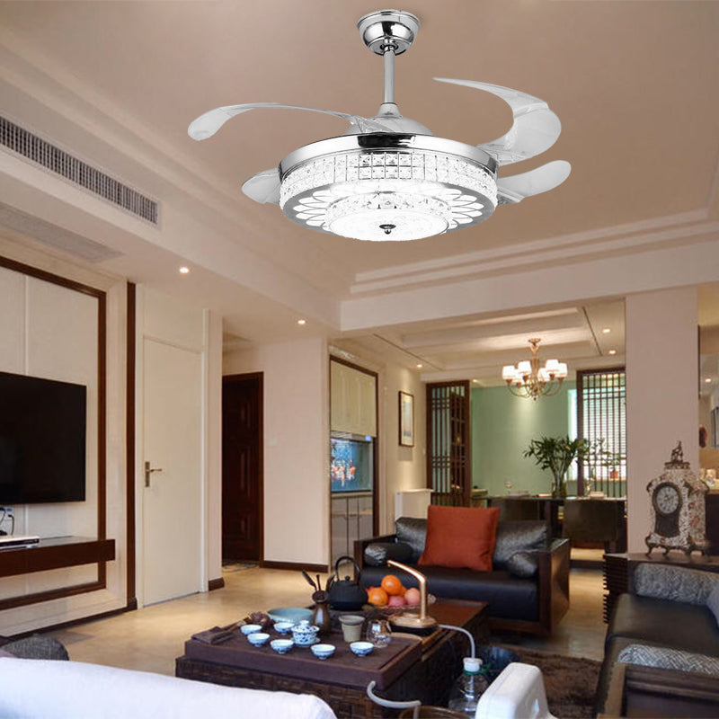 Silver/Gold 2-Tier LED Downrod Ceiling Fan Modernist 4-Blade Faceted Crystal Hanging Lamp with Wall Control/Remote Control/Frequency Conversion Clearhalo 'Ceiling Fans with Lights' 'Ceiling Fans' 'Modern Ceiling Fans' 'Modern' Lighting' 279371