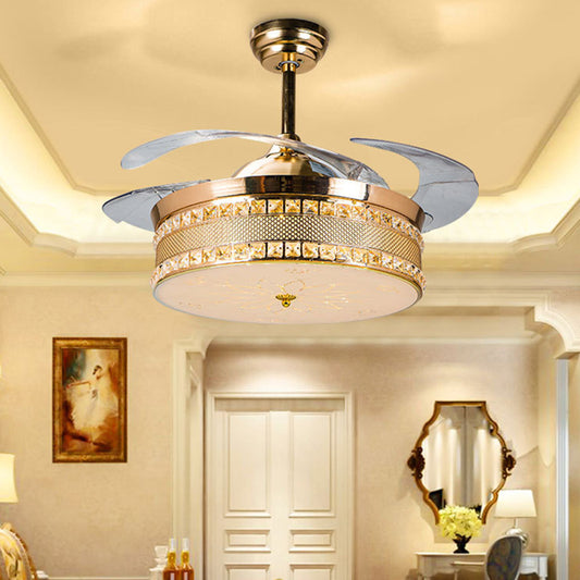 Clear Crystal Drum Fan Light Kit Remote Control/Wall Control/Frequency Convertible Modern LED Semi Flush Mount in Gold/Rose Gold, White/Color-Changing Light Clearhalo 'Ceiling Fans with Lights' 'Ceiling Fans' 'Modern Ceiling Fans' 'Modern' Lighting' 279376