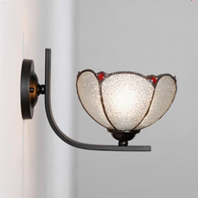 Arc/Curved Arm Sconce Light with Stained Glass Shade 1 Light Tiffany Wall Mount Light in White/Blue/Clear for Bedroom Clear Curved Clearhalo 'Industrial' 'Middle century wall lights' 'Tiffany wall lights' 'Tiffany' 'Wall Lamps & Sconces' 'Wall Lights' Lighting' 27938