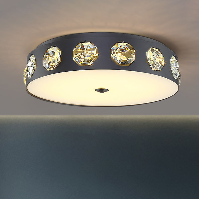 Minimalist Drum Shape Flush Light Beveled Crystal LED Living Room Ceiling Lighting in Grey, 18"/21.5" Dia Clearhalo 'Ceiling Lights' 'Close To Ceiling Lights' 'Close to ceiling' 'Flush mount' Lighting' 279392