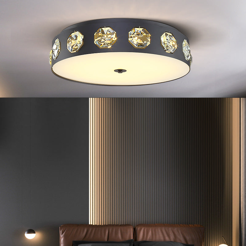 Minimalist Drum Shape Flush Light Beveled Crystal LED Living Room Ceiling Lighting in Grey, 18"/21.5" Dia Clearhalo 'Ceiling Lights' 'Close To Ceiling Lights' 'Close to ceiling' 'Flush mount' Lighting' 279394