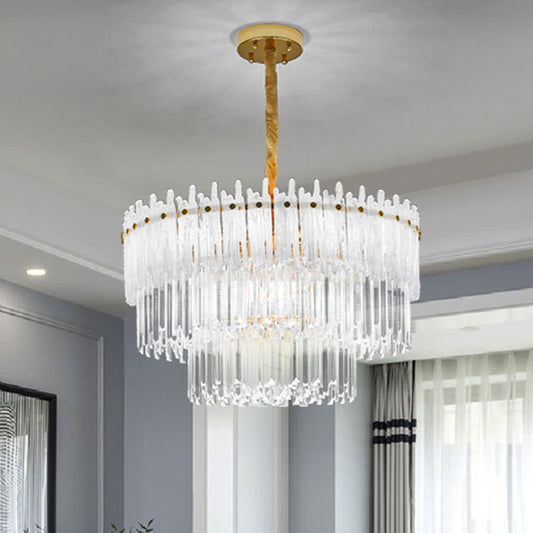 3 Tiers Clear Crystal Rod Pendant Chandelier Modernism 12 Lights Gold Suspension Light Clearhalo 'Ceiling Lights' 'Chandeliers' 'Clear' 'Industrial' 'Modern Chandeliers' 'Modern' 'Tiffany' 'Traditional Chandeliers' Lighting' 279455