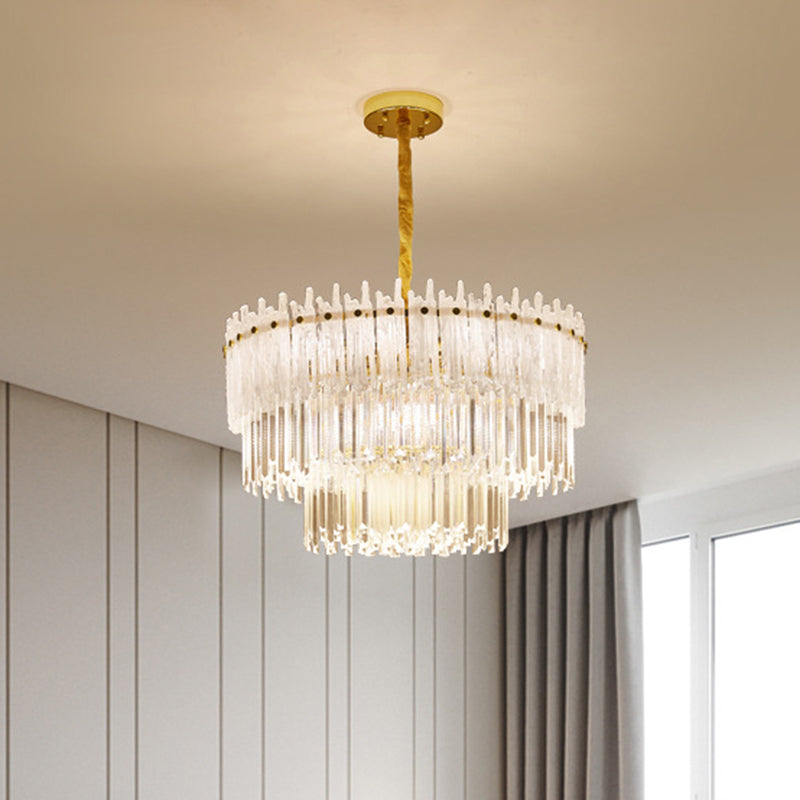 3 Tiers Clear Crystal Rod Pendant Chandelier Modernism 12 Lights Gold Suspension Light Clearhalo 'Ceiling Lights' 'Chandeliers' 'Clear' 'Industrial' 'Modern Chandeliers' 'Modern' 'Tiffany' 'Traditional Chandeliers' Lighting' 279456
