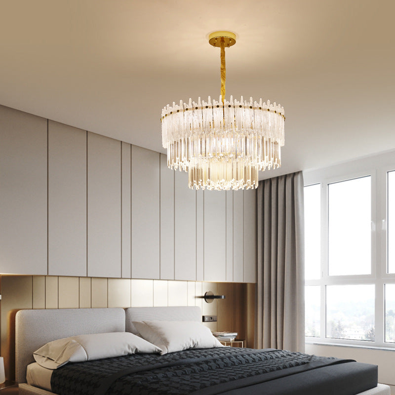 3 Tiers Clear Crystal Rod Pendant Chandelier Modernism 12 Lights Gold Suspension Light Clearhalo 'Ceiling Lights' 'Chandeliers' 'Clear' 'Industrial' 'Modern Chandeliers' 'Modern' 'Tiffany' 'Traditional Chandeliers' Lighting' 279457