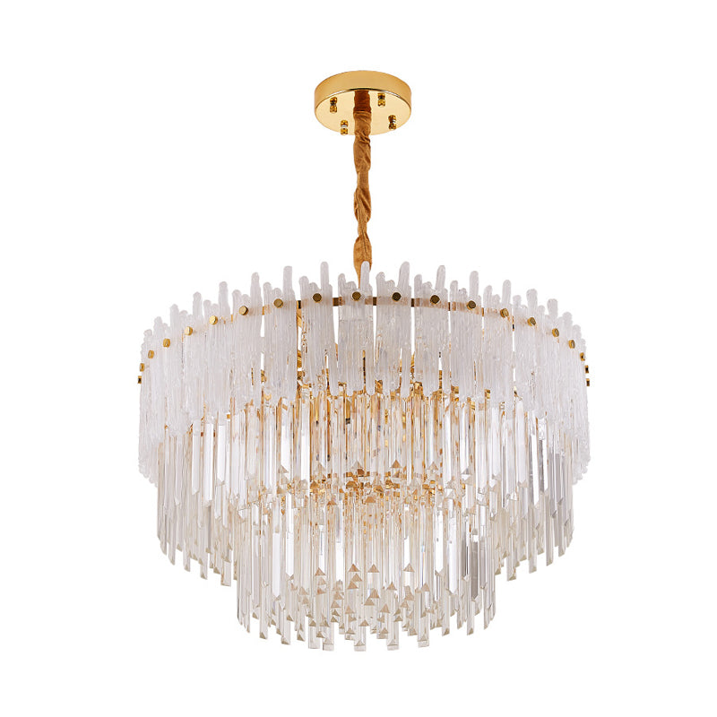 3 Tiers Clear Crystal Rod Pendant Chandelier Modernism 12 Lights Gold Suspension Light Clearhalo 'Ceiling Lights' 'Chandeliers' 'Clear' 'Industrial' 'Modern Chandeliers' 'Modern' 'Tiffany' 'Traditional Chandeliers' Lighting' 279458
