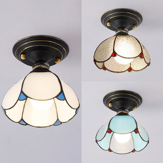 Stained Glass Foyer Flush Lighting with Petal Shade Lodge Style 1 Light Surface Mount Light in Blue/White/Clear Clearhalo 'Ceiling Lights' 'Close To Ceiling Lights' 'Close to ceiling' 'Glass shade' 'Glass' 'Pendant Lights' 'Semi-flushmount' 'Tiffany close to ceiling' 'Tiffany' Lighting' 27947