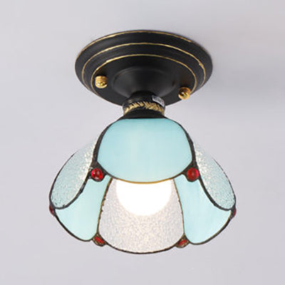 Stained Glass Foyer Flush Lighting with Petal Shade Lodge Style 1 Light Surface Mount Light in Blue/White/Clear Blue Clearhalo 'Ceiling Lights' 'Close To Ceiling Lights' 'Close to ceiling' 'Glass shade' 'Glass' 'Pendant Lights' 'Semi-flushmount' 'Tiffany close to ceiling' 'Tiffany' Lighting' 27948