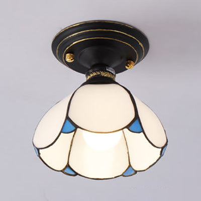 Stained Glass Foyer Flush Lighting with Petal Shade Lodge Style 1 Light Surface Mount Light in Blue/White/Clear White Clearhalo 'Ceiling Lights' 'Close To Ceiling Lights' 'Close to ceiling' 'Glass shade' 'Glass' 'Pendant Lights' 'Semi-flushmount' 'Tiffany close to ceiling' 'Tiffany' Lighting' 27950