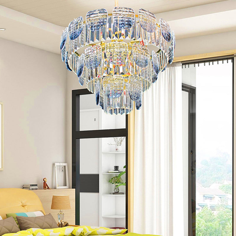 Clear Faceted Crystal Tiered Hanging Light Kit Modern 5/10 Lights Light Blue Pendant Chandelier Clearhalo 'Ceiling Lights' 'Chandeliers' 'Clear' 'Industrial' 'Modern Chandeliers' 'Modern' 'Tiffany' 'Traditional Chandeliers' Lighting' 279656