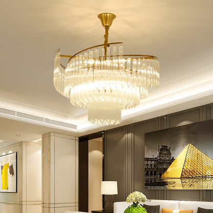 8-Bulb Living Room Chandelier Lighting Gold LED Pendant Light Fixture with Tiered Crystal Rod Shade Gold Clearhalo 'Ceiling Lights' 'Chandeliers' 'Modern Chandeliers' 'Modern' Lighting' 279913