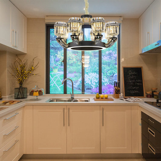 Beveled Crystal Cylinder Chandelier Lighting Traditional 6/8 Lights Black LED Hanging Pendant for Bedroom Clearhalo 'Ceiling Lights' 'Chandeliers' Lighting' options 279936