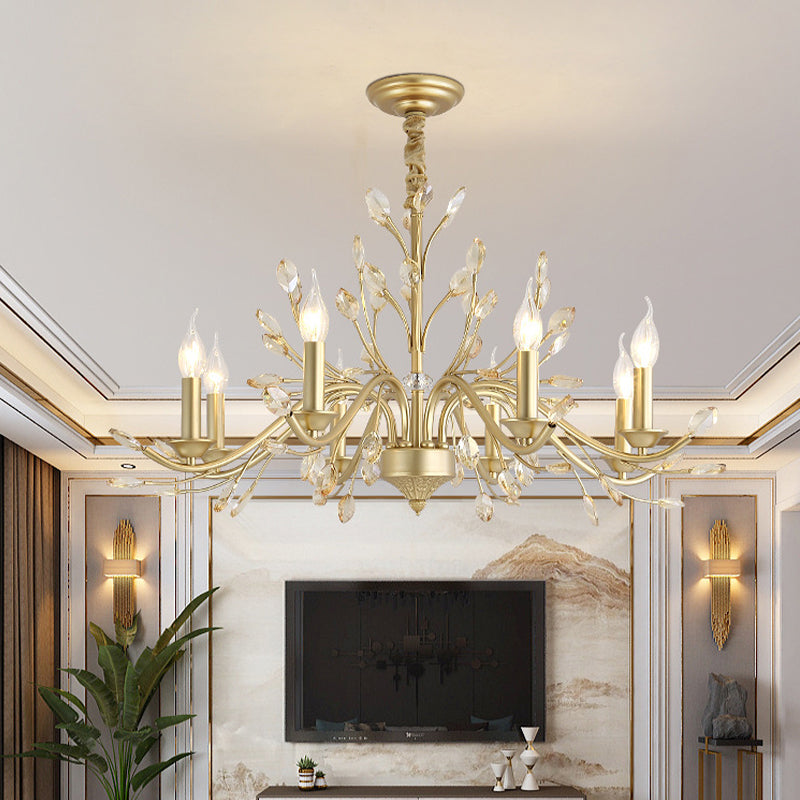 Candle K9 Crystal Pendant Chandelier Modernism 5/6/8 Bulbs Brass Hanging Light, 22"/27.5"/31.5" W Brass 31.5" Clearhalo 'Ceiling Lights' 'Chandeliers' 'Modern Chandeliers' 'Modern' Lighting' 280047