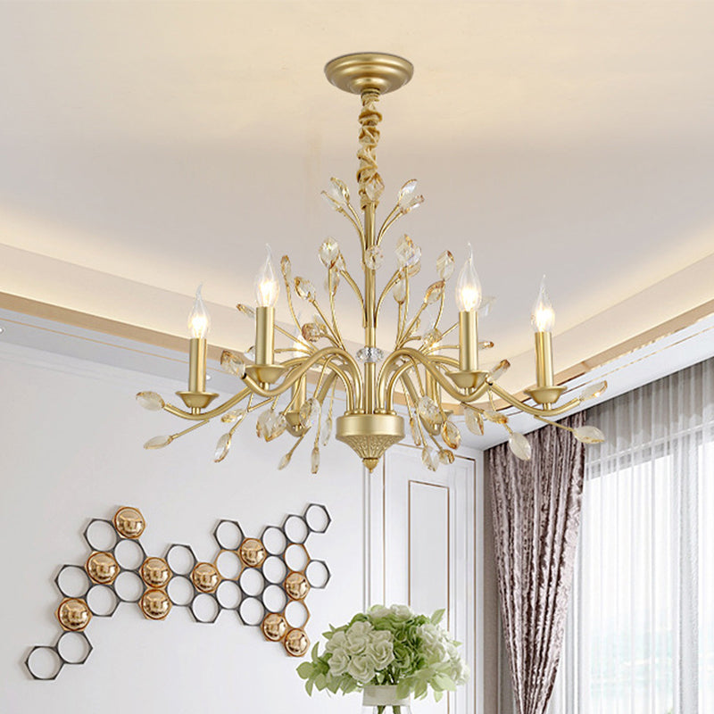 Candle K9 Crystal Pendant Chandelier Modernism 5/6/8 Bulbs Brass Hanging Light, 22"/27.5"/31.5" W Brass 27.5" Clearhalo 'Ceiling Lights' 'Chandeliers' 'Modern Chandeliers' 'Modern' Lighting' 280053