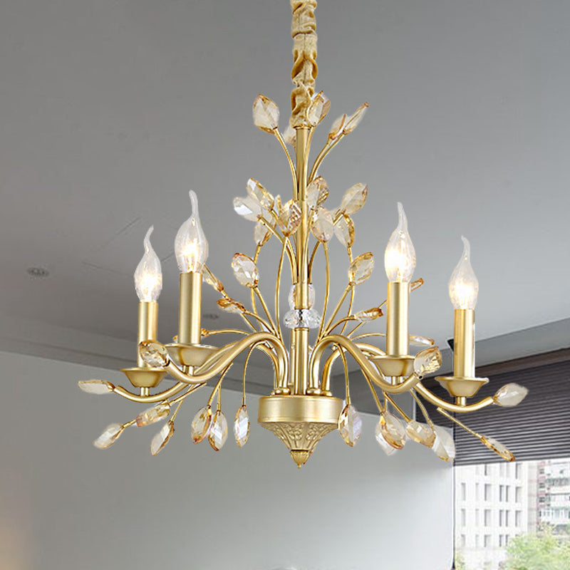 Candle K9 Crystal Pendant Chandelier Modernism 5/6/8 Bulbs Brass Hanging Light, 22"/27.5"/31.5" W Brass 22" Clearhalo 'Ceiling Lights' 'Chandeliers' 'Modern Chandeliers' 'Modern' Lighting' 280058