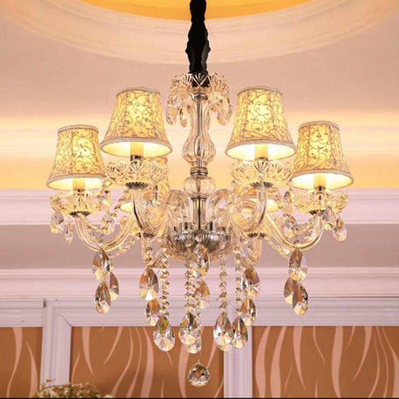 Modernist Bell Ceiling Chandelier Clear Crystal 6/8 Bulbs Living Room Pendant Lamp in Beige, 23"/28" W Beige 28" Clearhalo 'Ceiling Lights' 'Chandeliers' 'Modern Chandeliers' 'Modern' Lighting' 280071