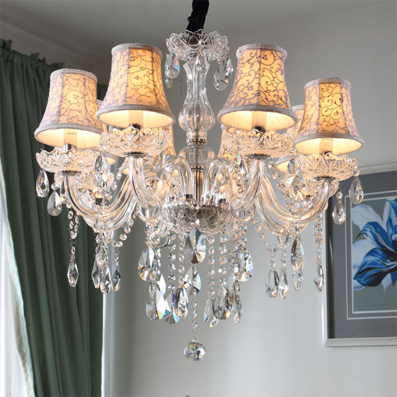 Modernist Bell Ceiling Chandelier Clear Crystal 6/8 Bulbs Living Room Pendant Lamp in Beige, 23"/28" W Clearhalo 'Ceiling Lights' 'Chandeliers' 'Modern Chandeliers' 'Modern' Lighting' 280072