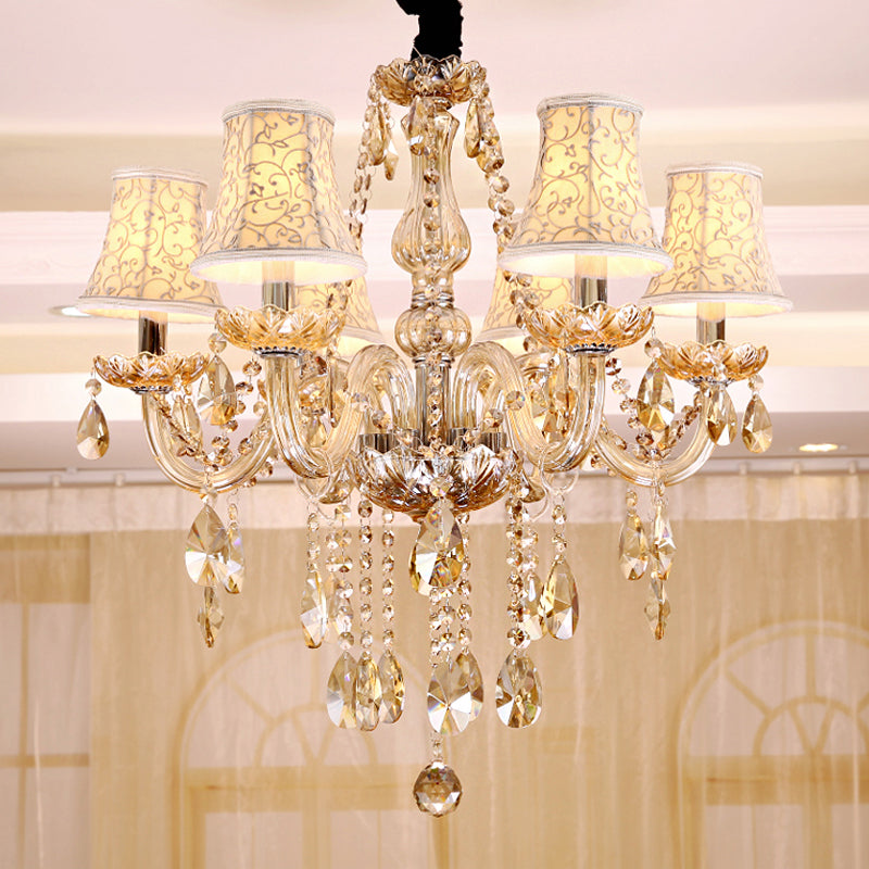 Modernist Bell Ceiling Chandelier Clear Crystal 6/8 Bulbs Living Room Pendant Lamp in Beige, 23"/28" W Clearhalo 'Ceiling Lights' 'Chandeliers' 'Modern Chandeliers' 'Modern' Lighting' 280073