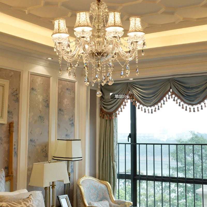 Modernist Bell Ceiling Chandelier Clear Crystal 6/8 Bulbs Living Room Pendant Lamp in Beige, 23"/28" W Clearhalo 'Ceiling Lights' 'Chandeliers' 'Modern Chandeliers' 'Modern' Lighting' 280074