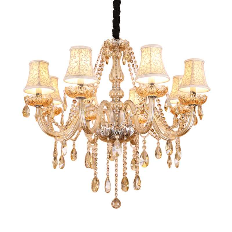 Modernist Bell Ceiling Chandelier Clear Crystal 6/8 Bulbs Living Room Pendant Lamp in Beige, 23"/28" W Clearhalo 'Ceiling Lights' 'Chandeliers' 'Modern Chandeliers' 'Modern' Lighting' 280075